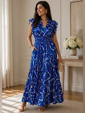 THML Blue Ruffle Sleeve Tiered Maxi Dress Size M Abstract Print Summer